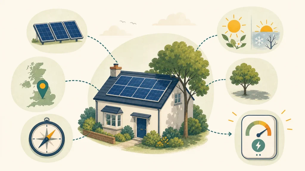 Illustration showing how system size, UK location, roof direction, season and shade affect solar panel output