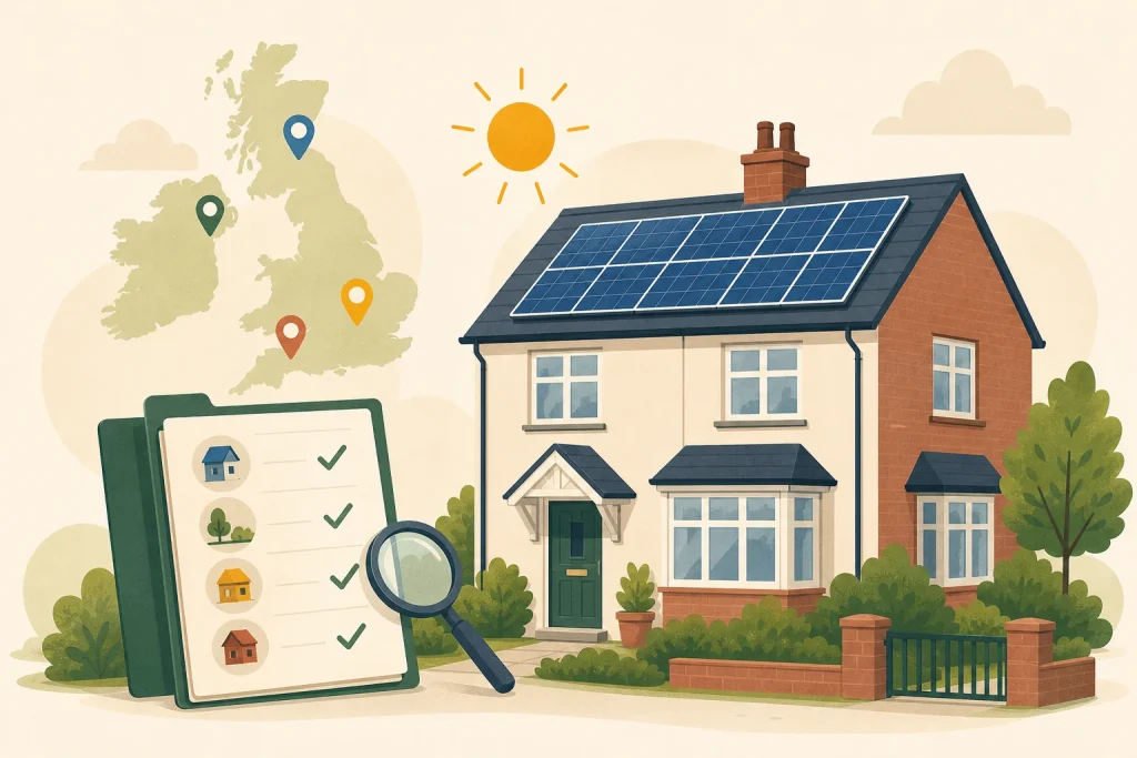 Illustration of a UK solar home, a planning checklist and four map markers for England, Wales, Scotland and Northern Ireland