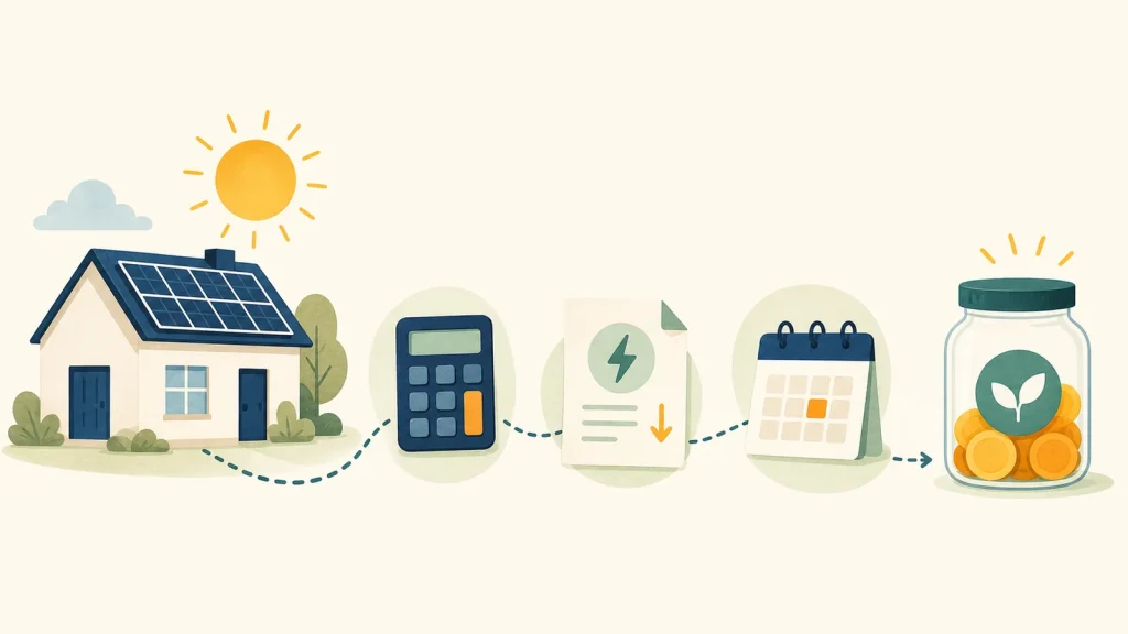 Illustration showing solar cost, an energy bill, time and savings