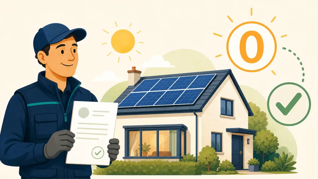 Illustration of an installer with a solar home invoice and a zero-rate check